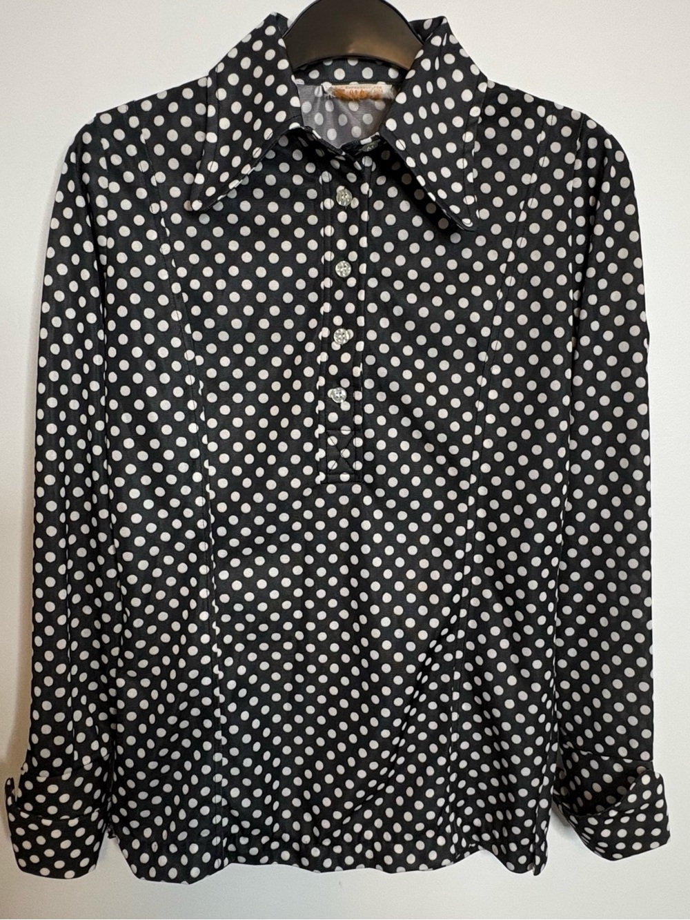 Vintage Black and White Polka Dot Long-Sleeve Blouse Women 70’s Size S